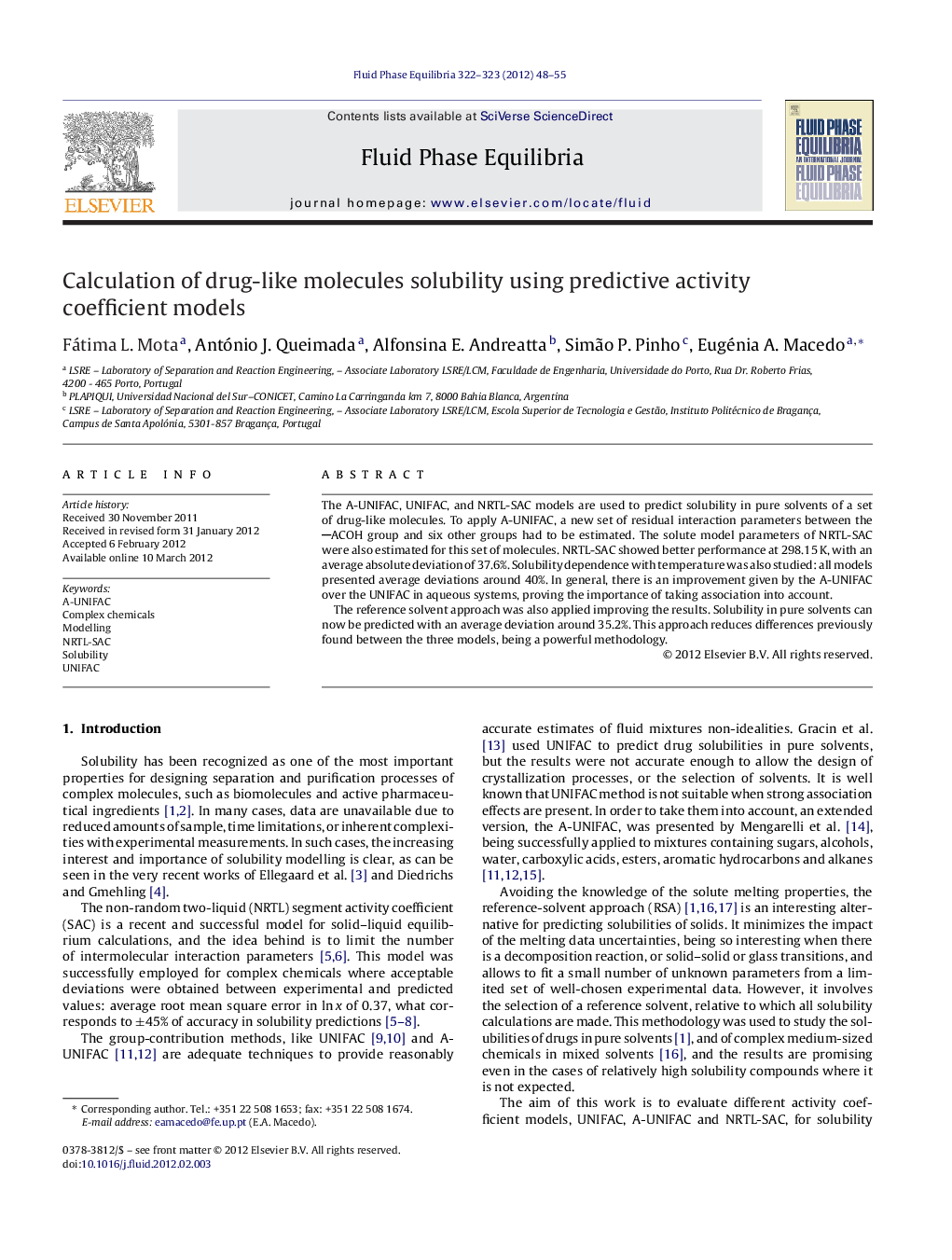 Calculation of drug-like molecules solubility using predictive activity coefficient models