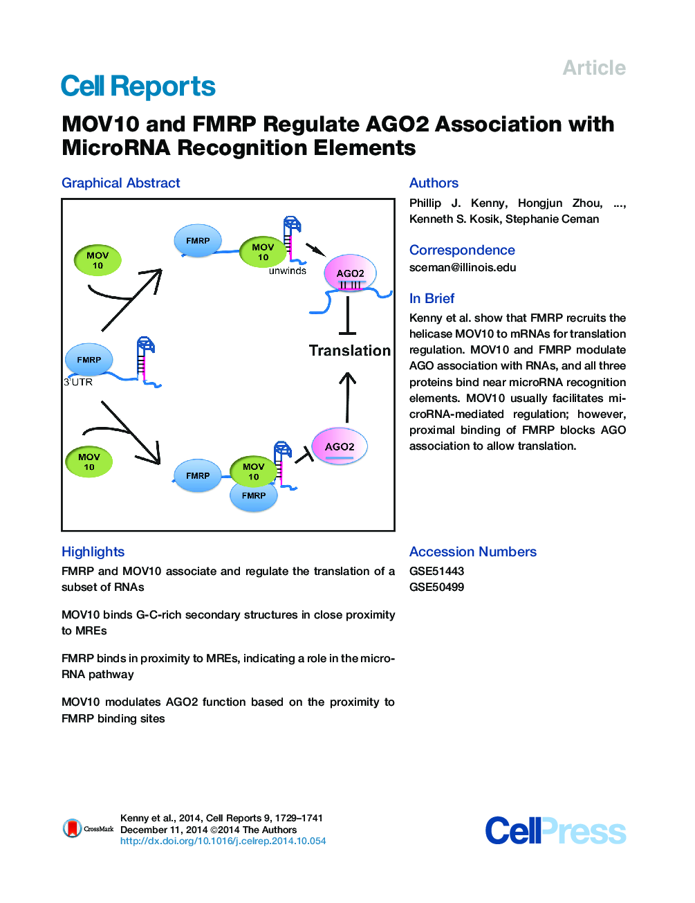 MOV10 and FMRP Regulate AGO2 Association with MicroRNA Recognition Elements 