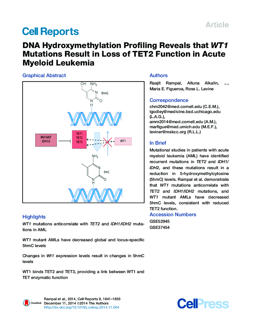 DNA Hydroxymethylation Profiling Reveals that WT1 Mutations Result in Loss of TET2 Function in Acute Myeloid Leukemia 