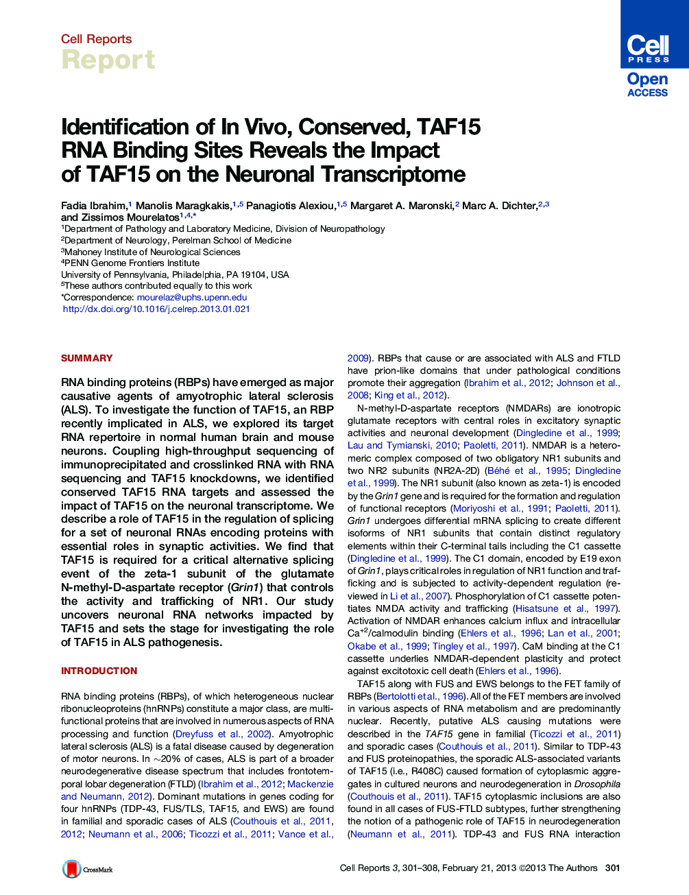 Identification of In Vivo, Conserved, TAF15 RNA Binding Sites Reveals the Impact of TAF15 on the Neuronal Transcriptome