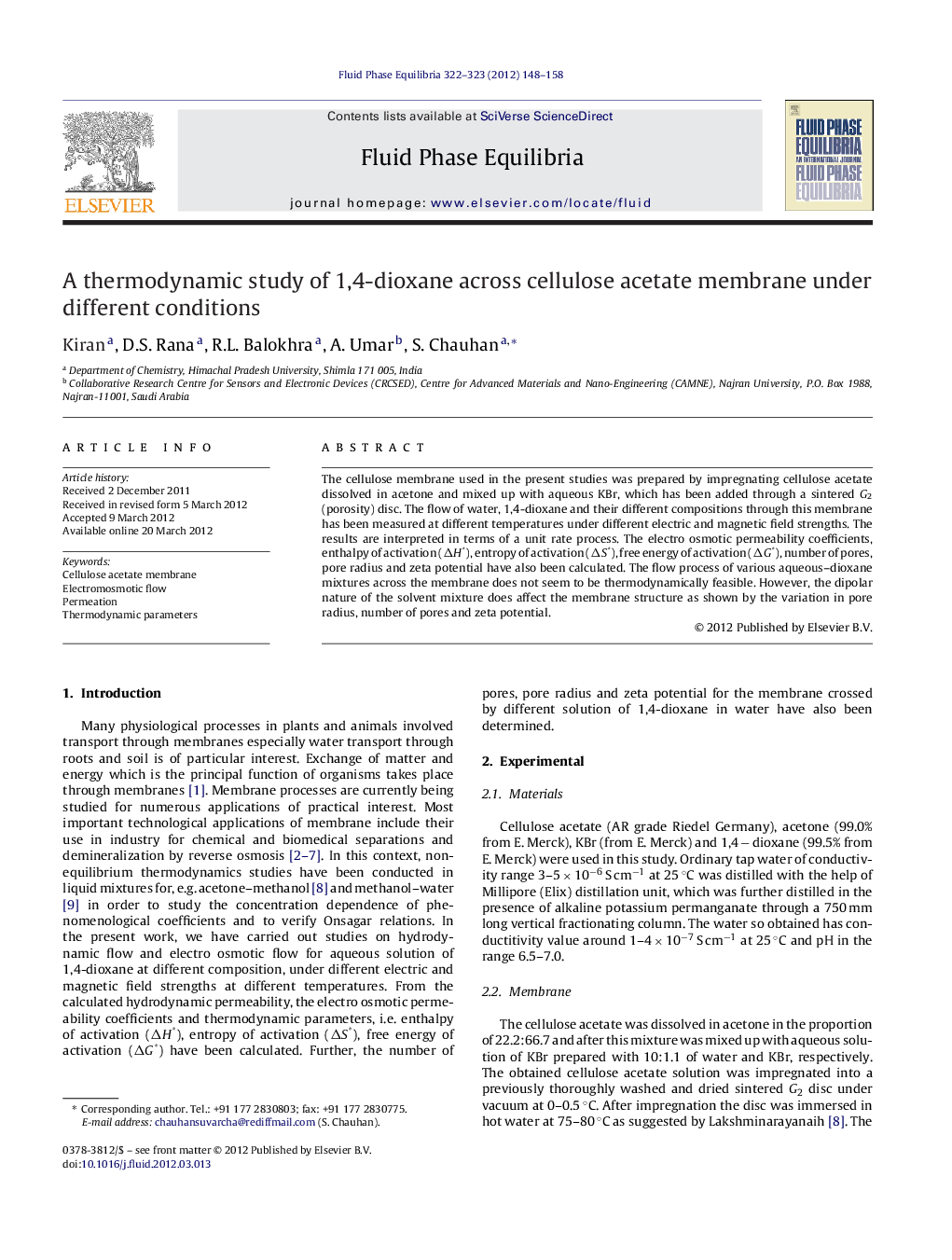عکس صفحه اول مقاله: A thermodynamic study of 1,4-dioxane across cellulose acetate membrane under different conditions A thermodynamic study of 1,4-dioxane across cellulose acetate membrane under different conditions