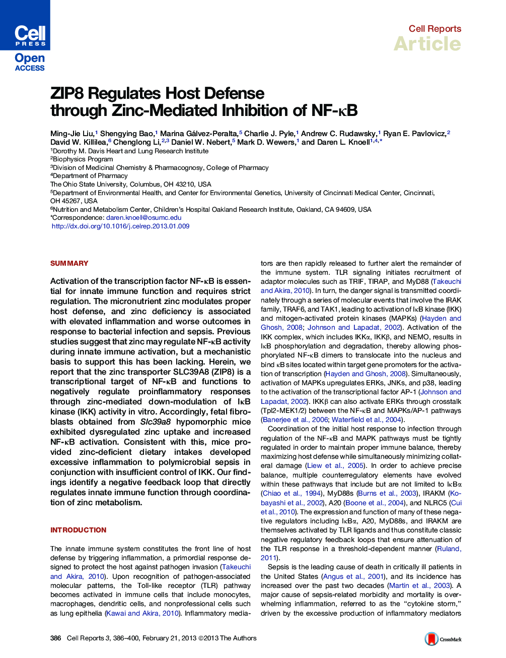 ZIP8 Regulates Host Defense through Zinc-Mediated Inhibition of NF-κB