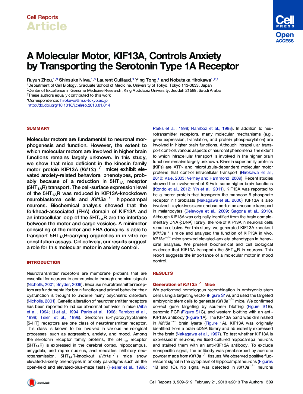 A Molecular Motor, KIF13A, Controls Anxiety by Transporting the Serotonin Type 1A Receptor