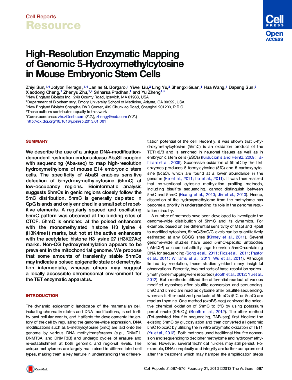 High-Resolution Enzymatic Mapping of Genomic 5-Hydroxymethylcytosine in Mouse Embryonic Stem Cells