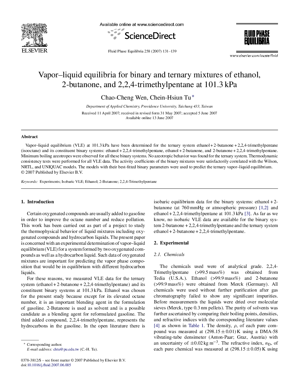 Vapor–liquid equilibria for binary and ternary mixtures of ethanol, 2-butanone, and 2,2,4-trimethylpentane at 101.3 kPa