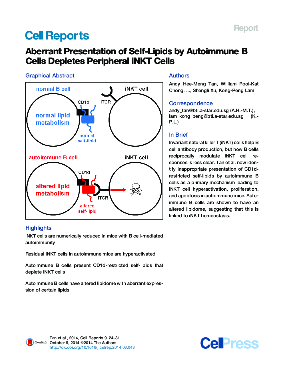 Aberrant Presentation of Self-Lipids by Autoimmune B Cells Depletes Peripheral iNKT Cells 