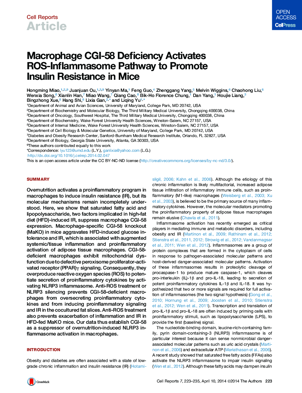 Macrophage CGI-58 Deficiency Activates ROS-Inflammasome Pathway to Promote Insulin Resistance in Mice 
