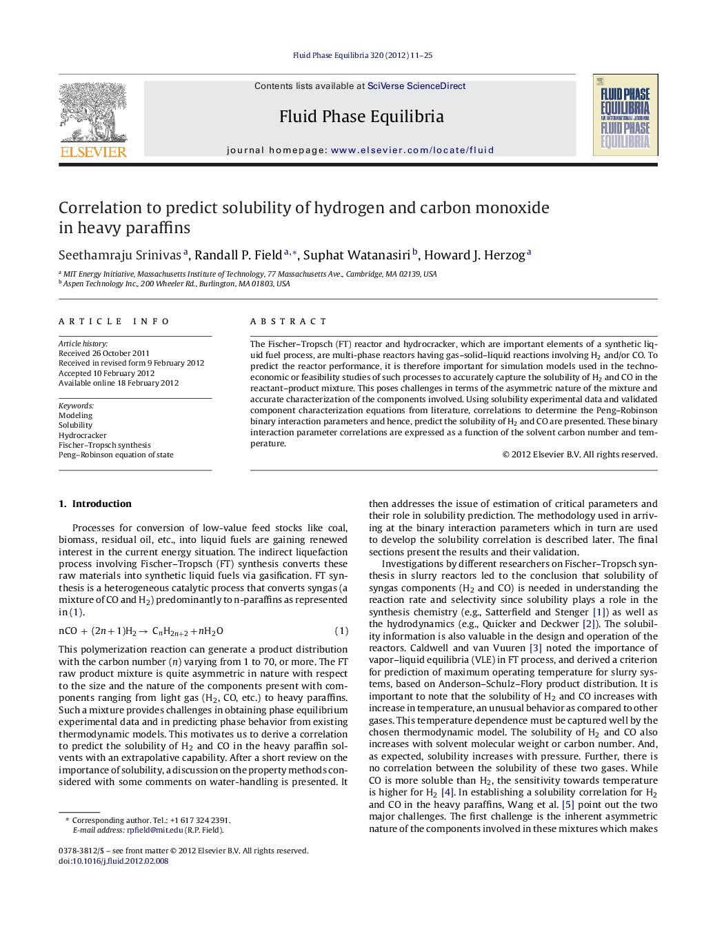 Correlation to predict solubility of hydrogen and carbon monoxide in heavy paraffins