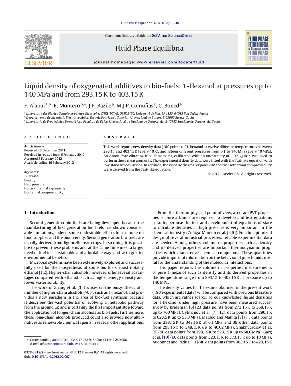 Liquid density of oxygenated additives to bio-fuels: 1-Hexanol at pressures up to 140 MPa and from 293.15 K to 403.15 K