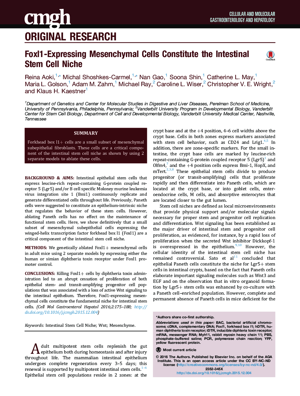 Foxl1-Expressing Mesenchymal Cells Constitute the Intestinal Stem Cell Niche 