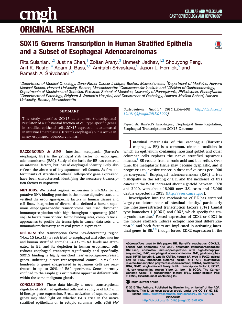 SOX15 Governs Transcription in Human Stratified Epithelia and a Subset of Esophageal Adenocarcinomas