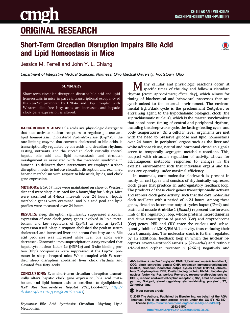 Short-Term Circadian Disruption Impairs Bile Acid and Lipid Homeostasis in Mice 