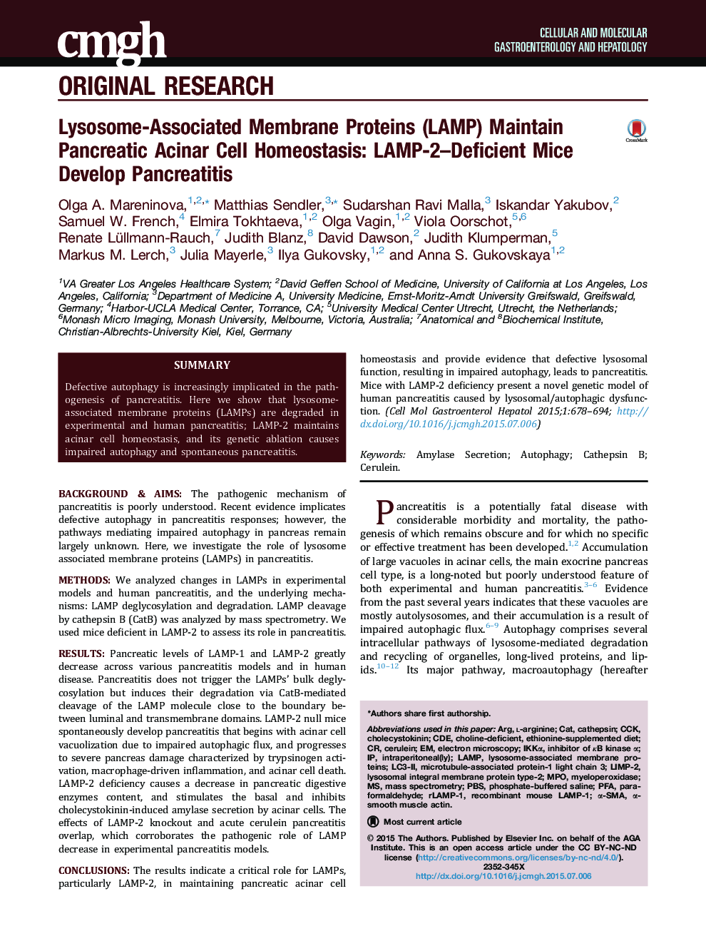 Lysosome-Associated Membrane Proteins (LAMP) Maintain Pancreatic Acinar Cell Homeostasis: LAMP-2–Deficient Mice Develop Pancreatitis 