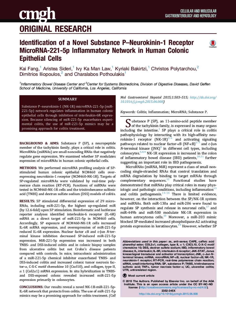 Identification of a Novel Substance P–Neurokinin-1 Receptor MicroRNA-221-5p Inflammatory Network in Human Colonic Epithelial Cells 