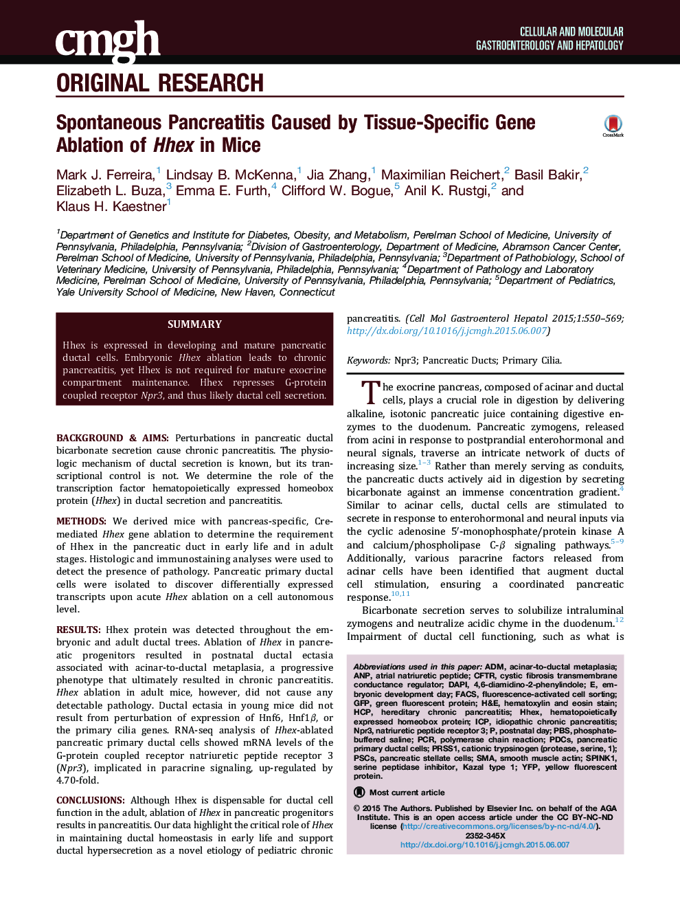 Spontaneous Pancreatitis Caused by Tissue-Specific Gene Ablation of Hhex in Mice 