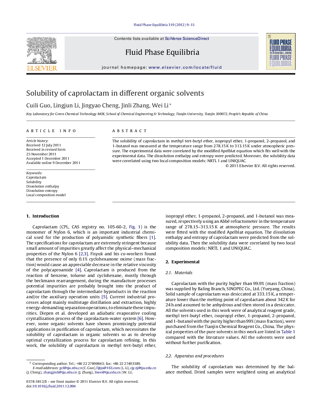 Solubility of caprolactam in different organic solvents