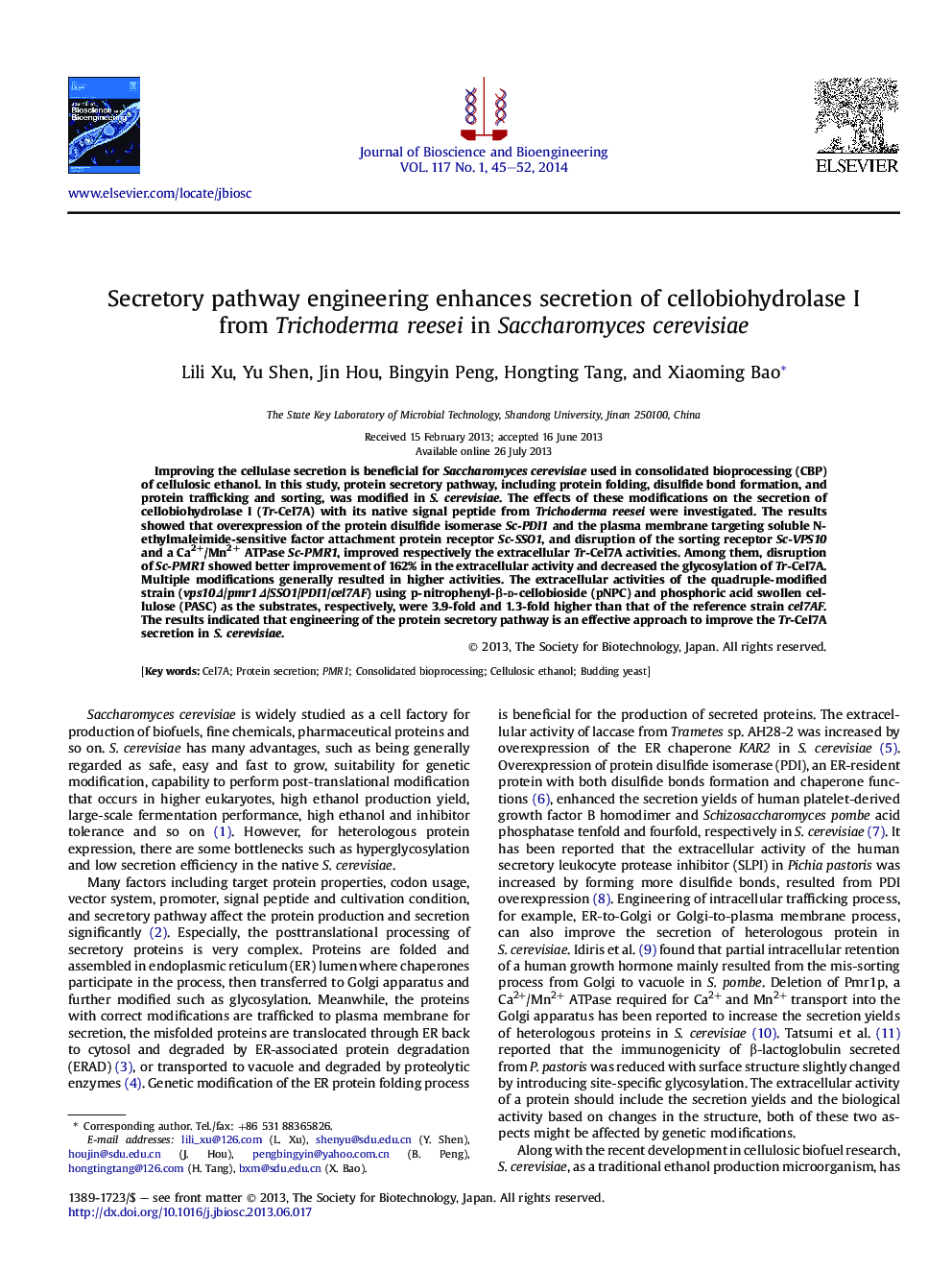 Secretory pathway engineering enhances secretion of cellobiohydrolase I from Trichoderma reesei in Saccharomyces cerevisiae