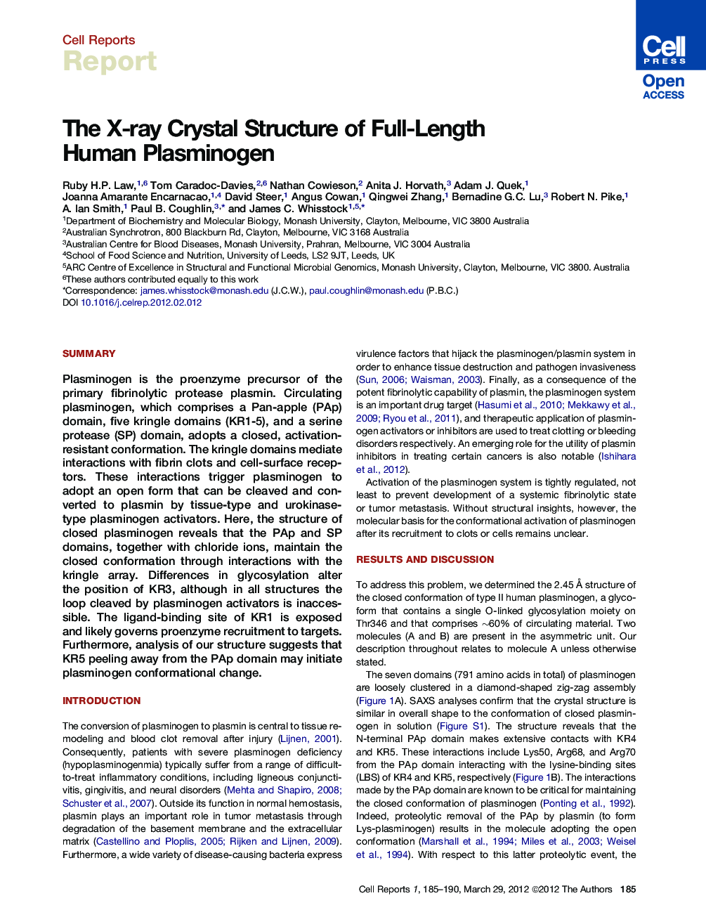 The X-ray Crystal Structure of Full-Length Human Plasminogen