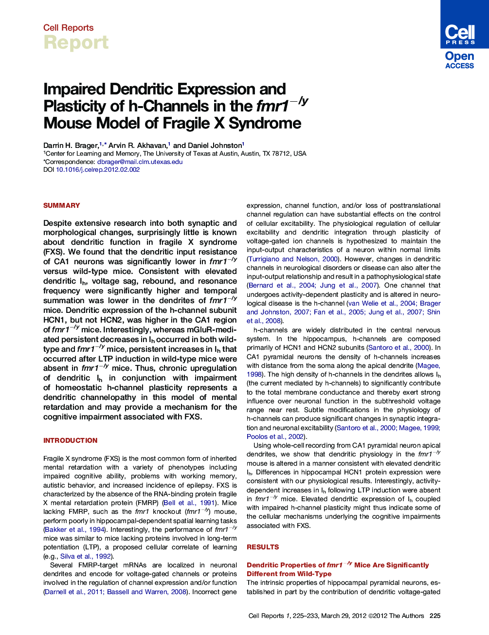 Impaired Dendritic Expression and Plasticity of h-Channels in the fmr1−/y Mouse Model of Fragile X Syndrome