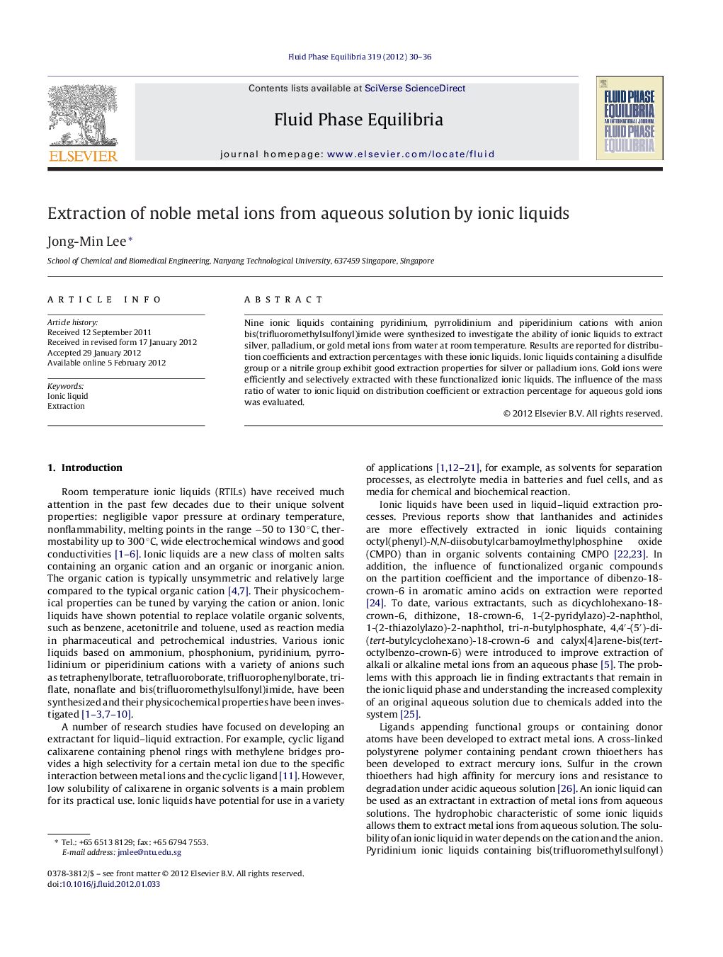 عکس صفحه اول مقاله: Extraction of noble metal ions from aqueous solution by ionic liquids Extraction of noble metal ions from aqueous solution by ionic liquids