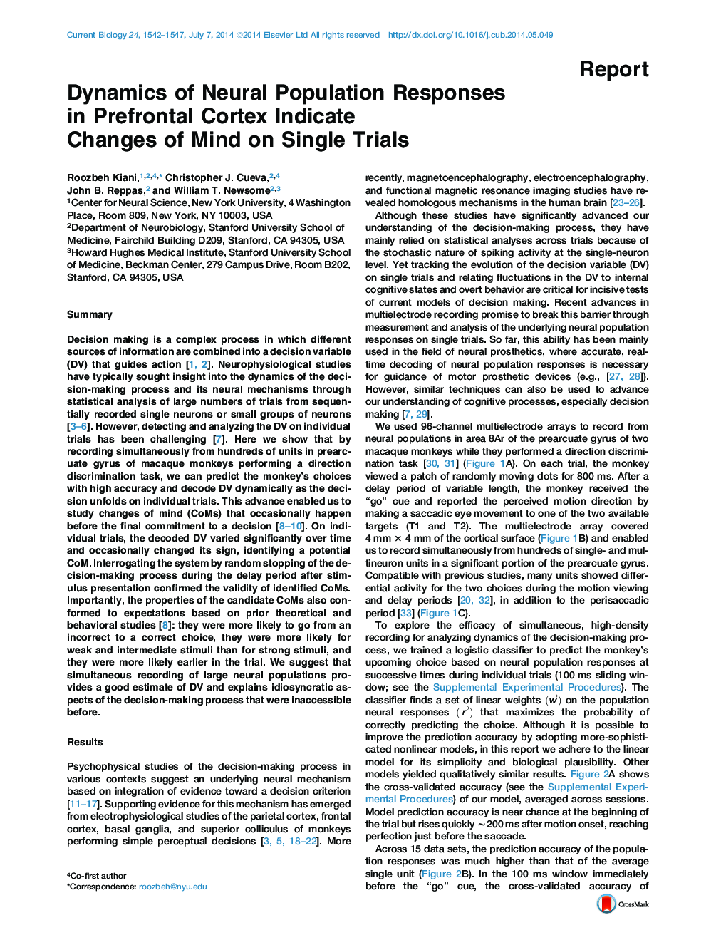 Dynamics of Neural Population Responses in Prefrontal Cortex Indicate Changes of Mind on Single Trials