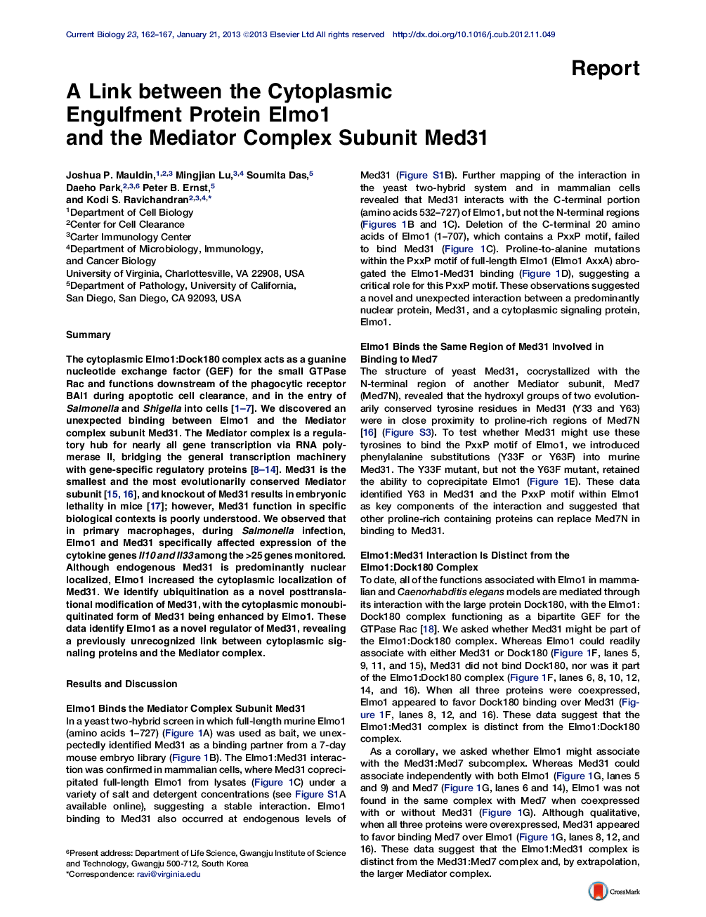 A Link between the Cytoplasmic Engulfment Protein Elmo1 and the Mediator Complex Subunit Med31