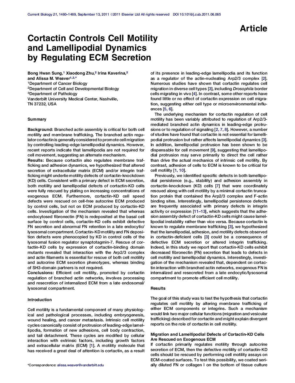 Cortactin Controls Cell Motility and Lamellipodial Dynamics by Regulating ECM Secretion