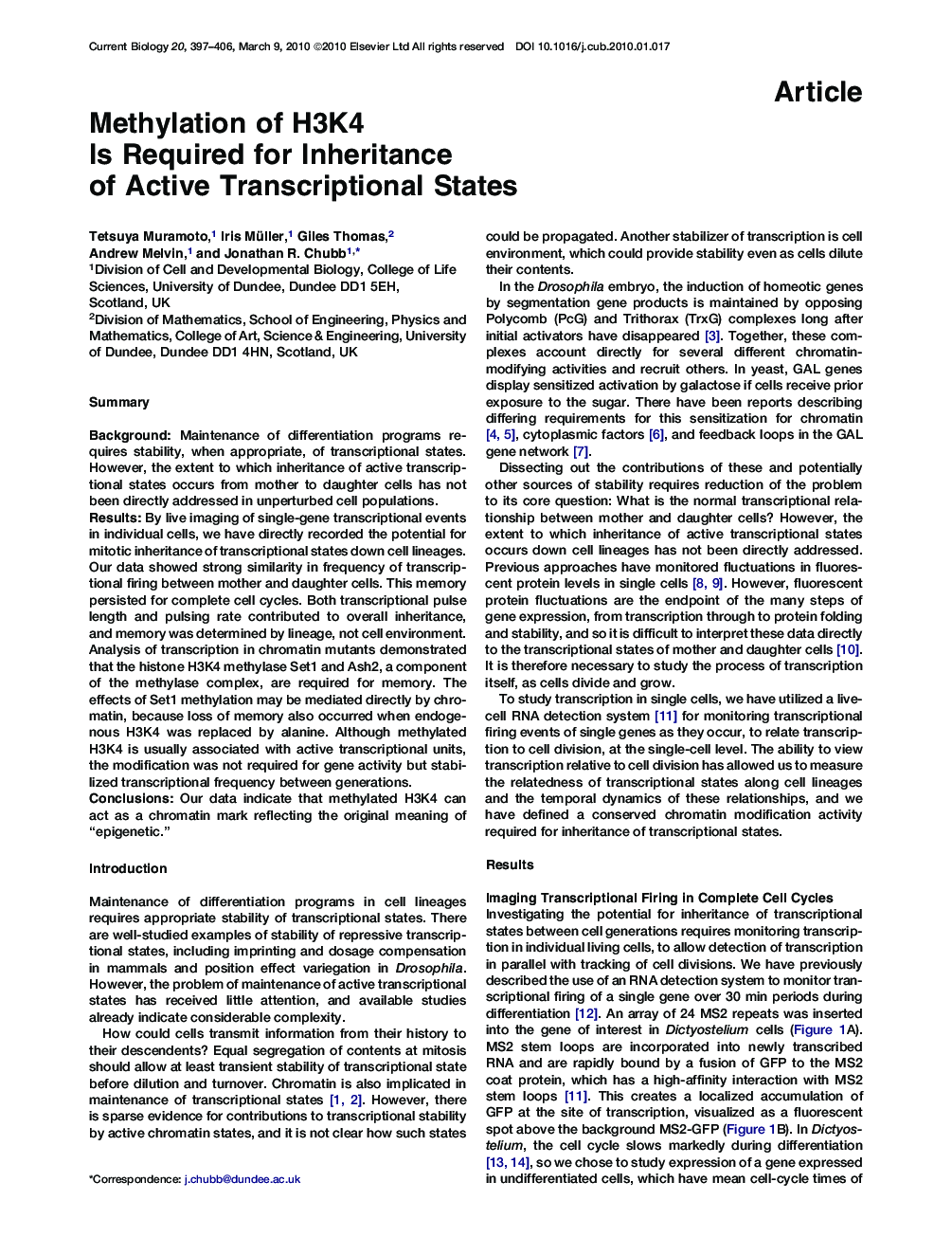 Methylation of H3K4 Is Required for Inheritance of Active Transcriptional States