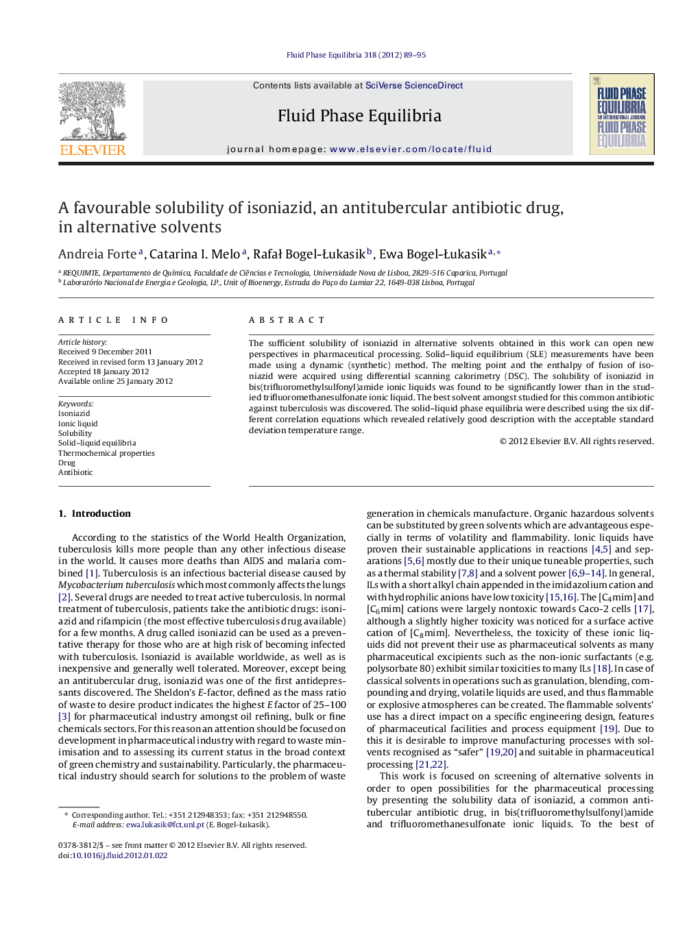 A favourable solubility of isoniazid, an antitubercular antibiotic drug, in alternative solvents