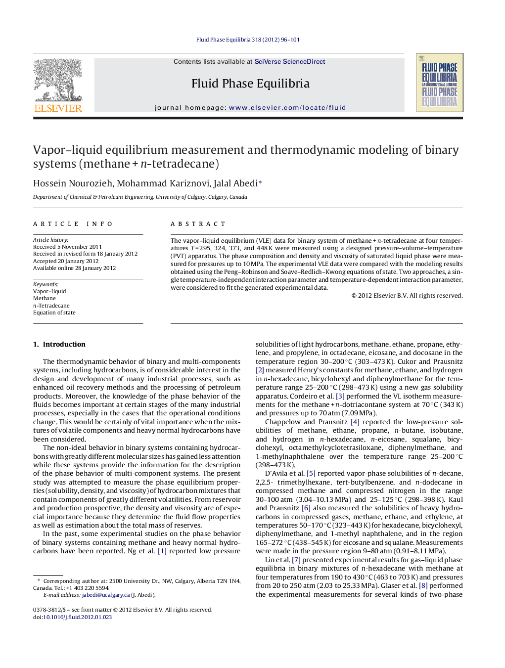 عکس صفحه اول مقاله: Vapor–liquid equilibrium measurement and thermodynamic modeling of binary systems (methane + n-tetradecane) Vapor–liquid equilibrium measurement and thermodynamic modeling of binary systems (methane + n-tetradecane)