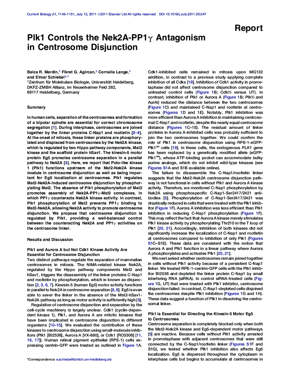 Plk1 Controls the Nek2A-PP1γ Antagonism in Centrosome Disjunction