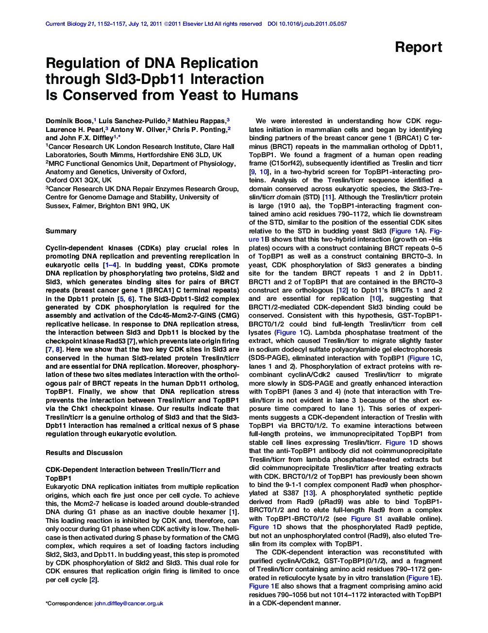 Regulation of DNA Replication through Sld3-Dpb11 Interaction Is Conserved from Yeast to Humans