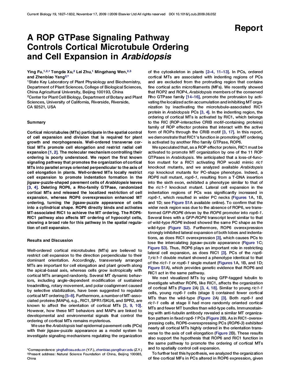 A ROP GTPase Signaling Pathway Controls Cortical Microtubule Ordering and Cell Expansion in Arabidopsis