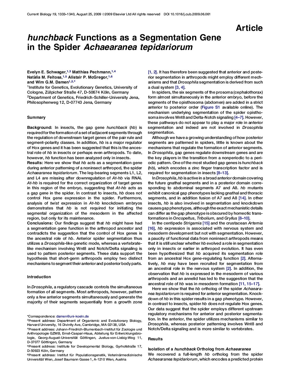 hunchback Functions as a Segmentation Gene in the Spider Achaearanea tepidariorum