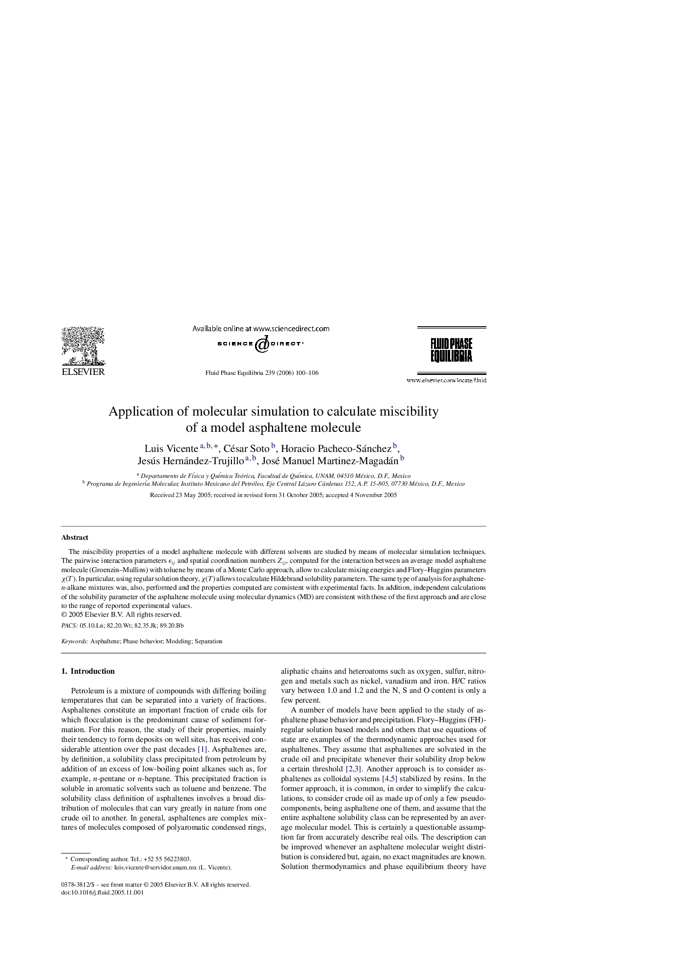 Application of molecular simulation to calculate miscibility of a model asphaltene molecule