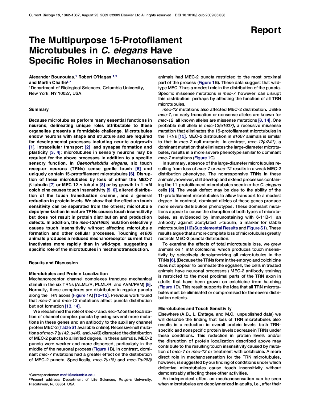 The Multipurpose 15-Protofilament Microtubules in C. elegans Have Specific Roles in Mechanosensation