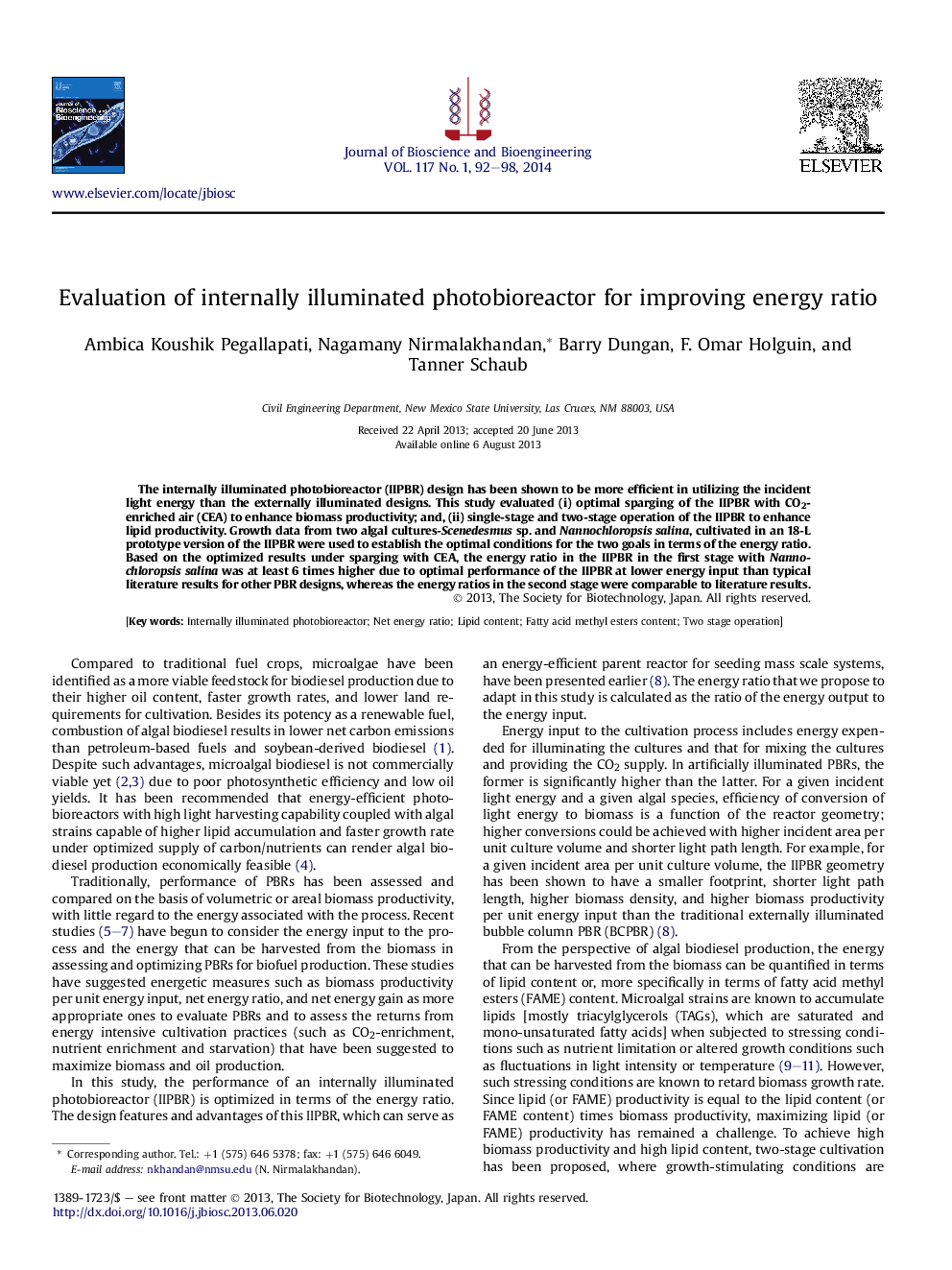 Evaluation of internally illuminated photobioreactor for improving energy ratio