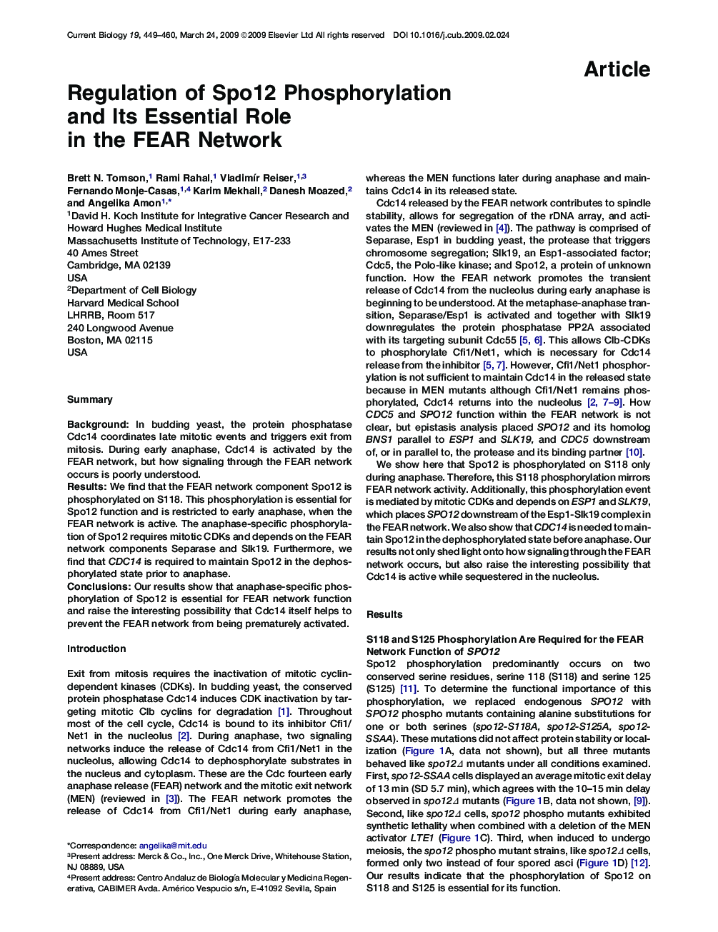 Regulation of Spo12 Phosphorylation and Its Essential Role in the FEAR Network