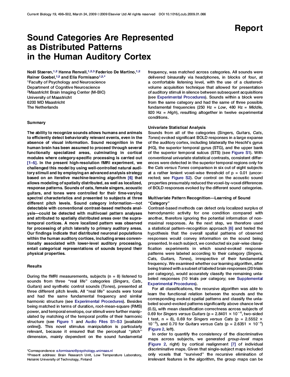 Sound Categories Are Represented as Distributed Patterns in the Human Auditory Cortex