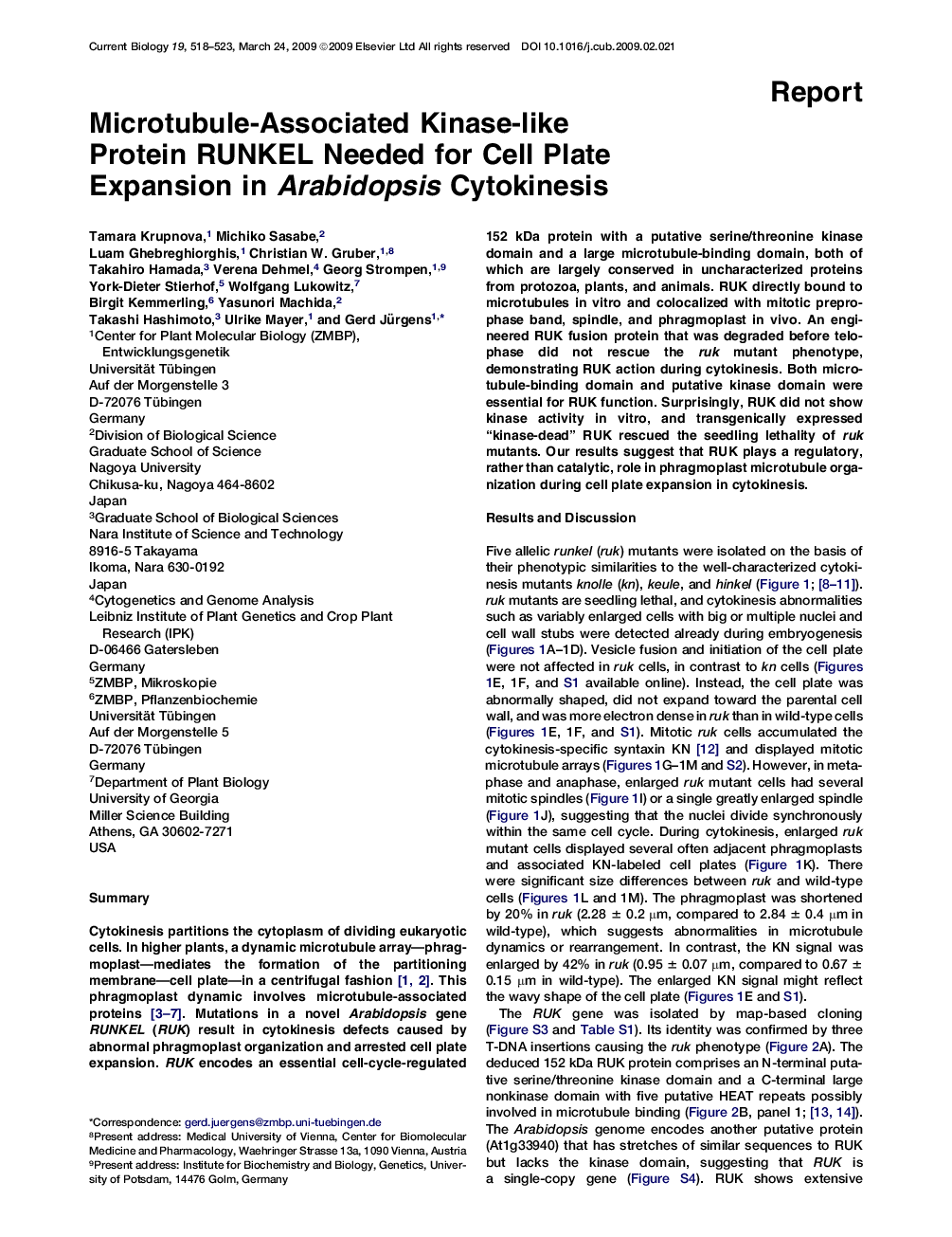 Microtubule-Associated Kinase-like Protein RUNKEL Needed for Cell Plate Expansion in Arabidopsis Cytokinesis