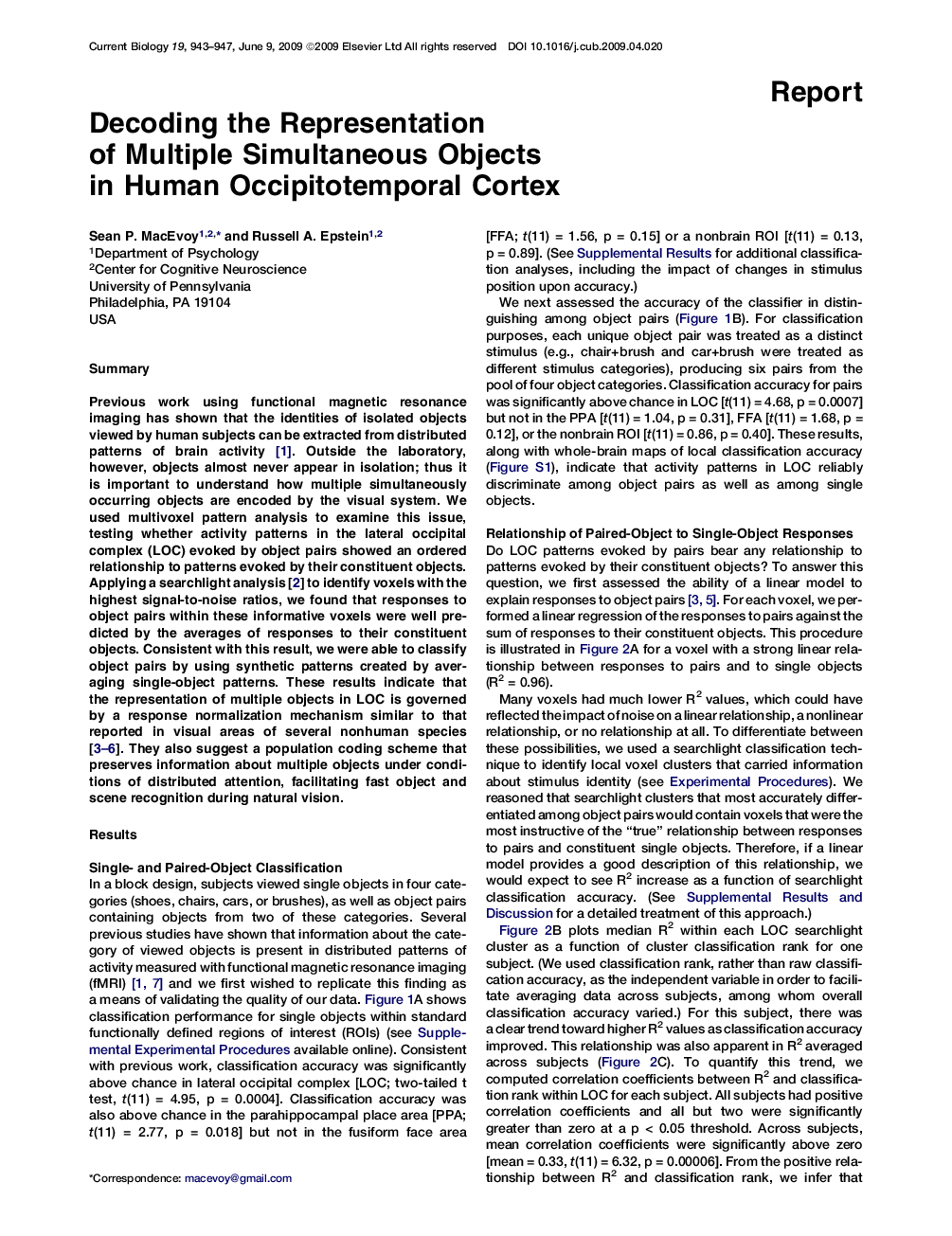 عکس صفحه اول مقاله: Decoding the Representation of Multiple Simultaneous Objects in Human Occipitotemporal Cortex Decoding the Representation of Multiple Simultaneous Objects in Human Occipitotemporal Cortex