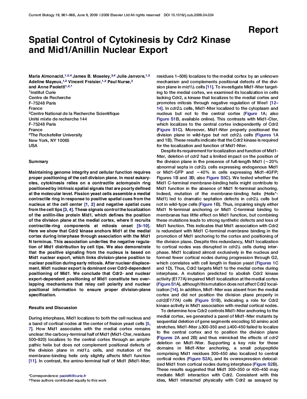 Spatial Control of Cytokinesis by Cdr2 Kinase and Mid1/Anillin Nuclear Export