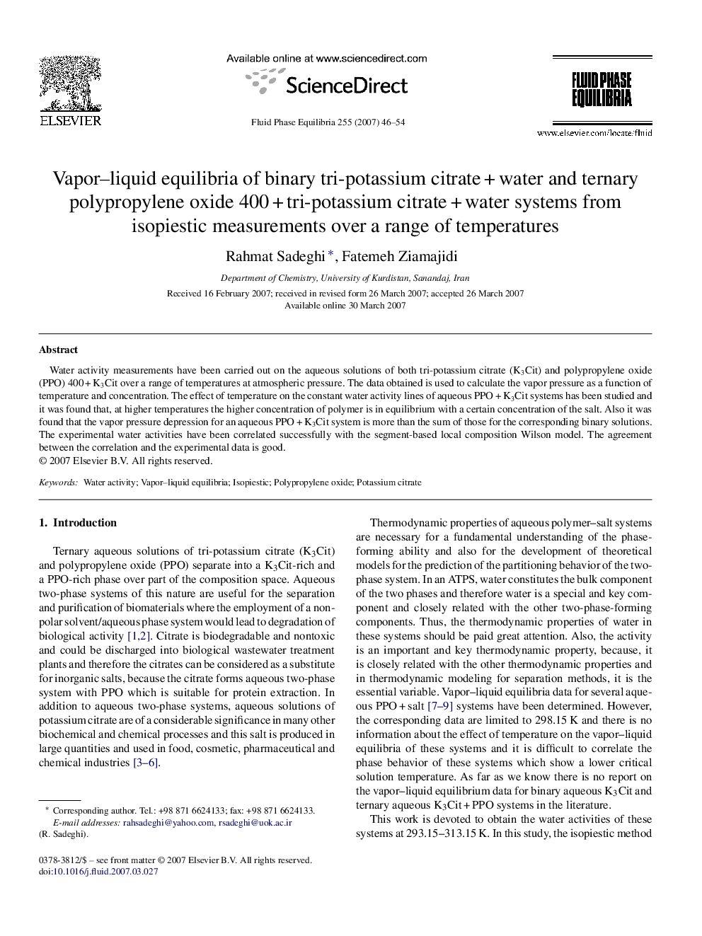 Vapor–liquid equilibria of binary tri-potassium citrate + water and ternary polypropylene oxide 400 + tri-potassium citrate + water systems from isopiestic measurements over a range of temperatures