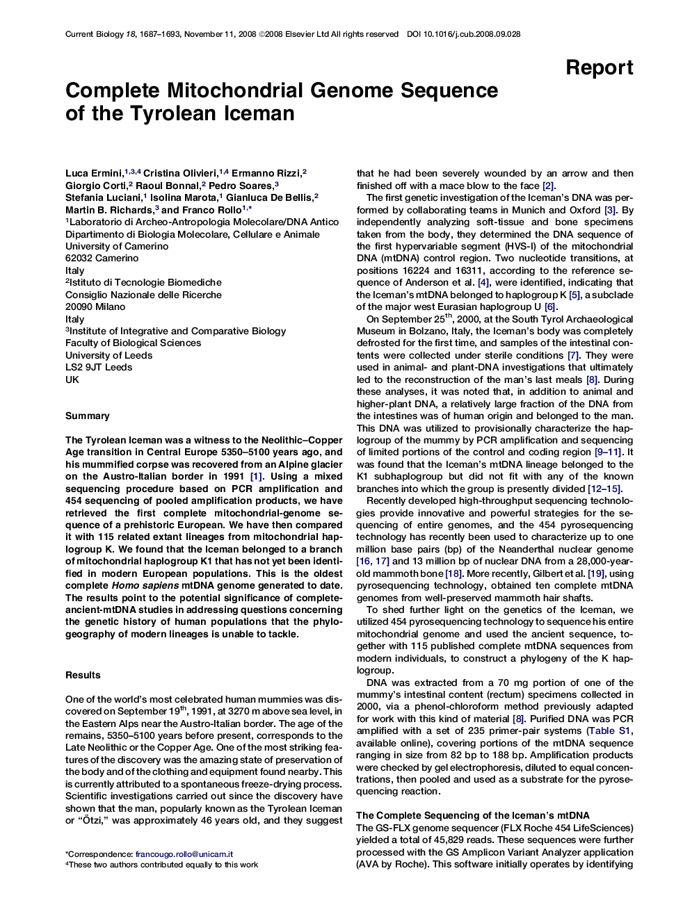 Complete Mitochondrial Genome Sequence of the Tyrolean Iceman