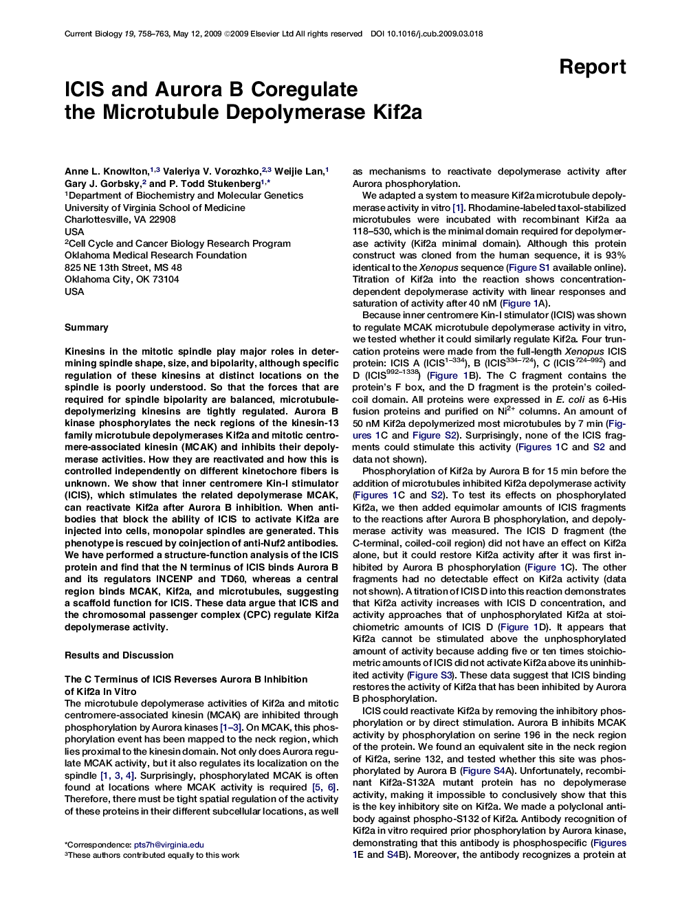 ICIS and Aurora B Coregulate the Microtubule Depolymerase Kif2a