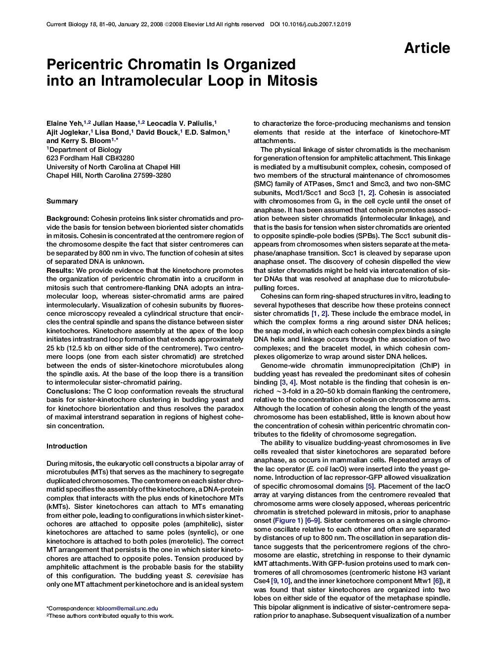 Pericentric Chromatin Is Organized into an Intramolecular Loop in Mitosis