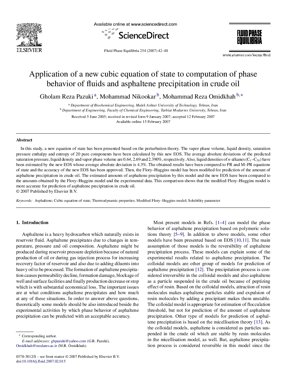 Application of a new cubic equation of state to computation of phase behavior of fluids and asphaltene precipitation in crude oil