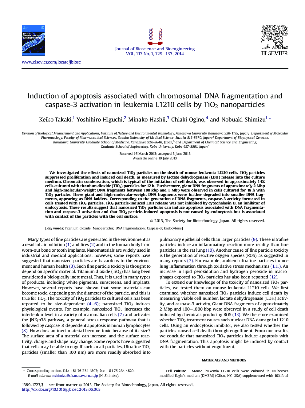 Induction of apoptosis associated with chromosomal DNA fragmentation and caspase-3 activation in leukemia L1210 cells by TiO2 nanoparticles