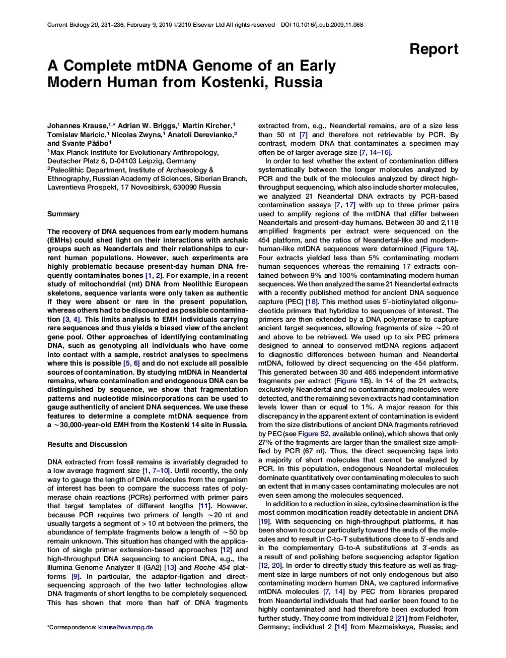 A Complete mtDNA Genome of an Early Modern Human from Kostenki, Russia