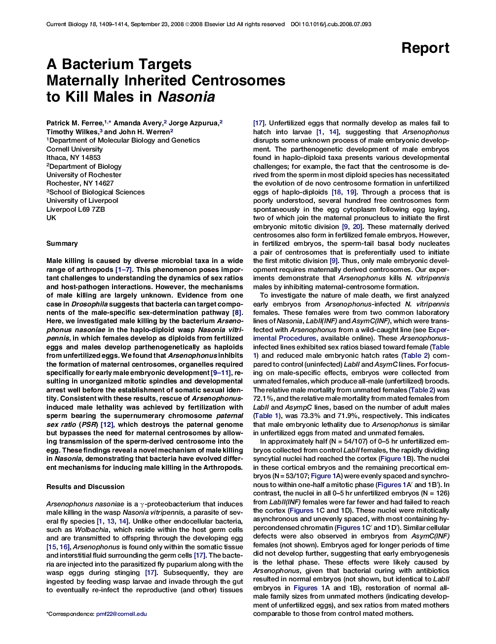 A Bacterium Targets Maternally Inherited Centrosomes to Kill Males in Nasonia